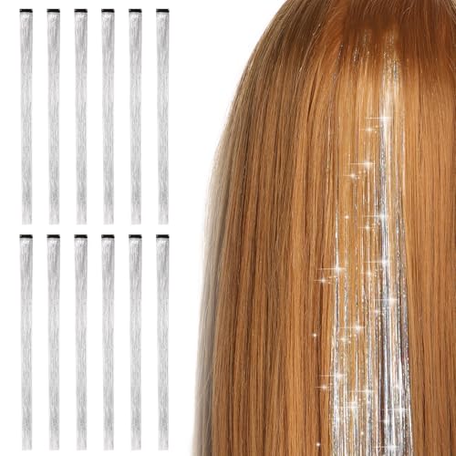 Bighan 12 Piezas Hebras Pelo De Oropel con Clip, 50cm Pelo de Oropel Brillantes Para el Pelo Extensiones Pelo de Oropel, Accesorios para el Pelo Deslumbrantes para Navidad, Halloween, Fiesta - Plata