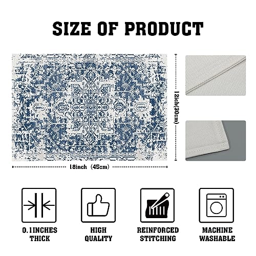 Image of Navy Blue Gray Boho Placemats Set of 4 Ethnic Bohemian Carpet Place Mats Washable Kitchen Dining Vintage Grey Geography Floral Linen Table Mats Stain Heat-Resistant for Home Party Indoor 12x18 in