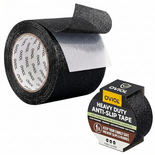 Image of OVIOL Anti Slip Tape for Stairs Waterproof Stairs Anti Skid Strip for Granite Stair Anti Slip Vinyl Flooring, Heavy Duty 80 Grit High Traction, 2 Inch x 16.4 Feet (BLACK, PACK OF 1)