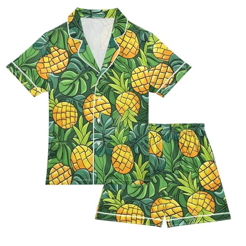 ALAZA Tropical Leaf Pineapple Green Pajamas Satin Pajama Set Short Sleeve Button Down Sleepwear
