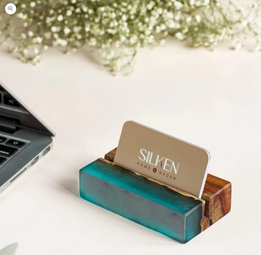 FrescorrBusiness Card Holder, Wood Business Card Holders for Desk, Business Card Holder Display, Desktop Business Card Stand, Card Holder for Office (Mangowood and Dark Green Resin)