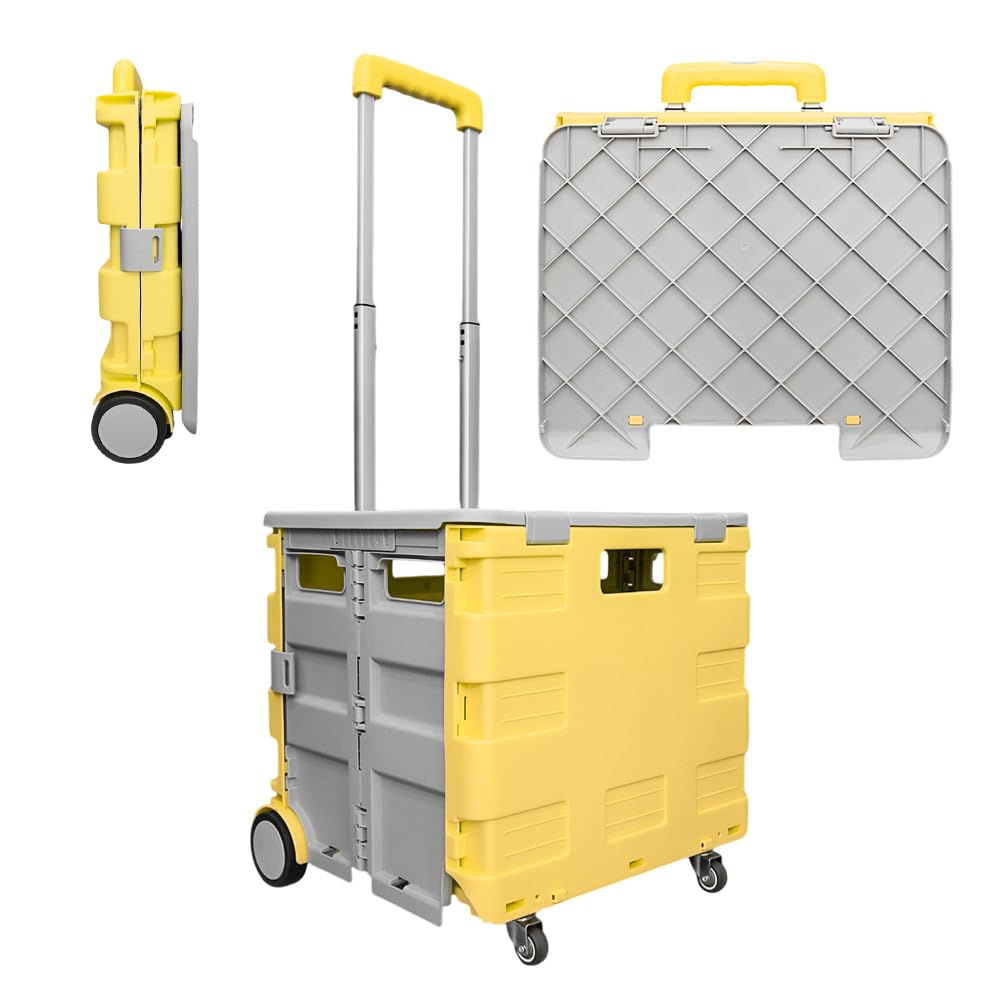 Berry 40 KG Foldable Shopping Trolley - Yellow & Grey, Plastic Trolley Cart with 4 Wheels and Lid, Portable Cart with Telescopic Handle, Multipurpose Utility Cart for Shopping, Teacher, Laundry — image 1