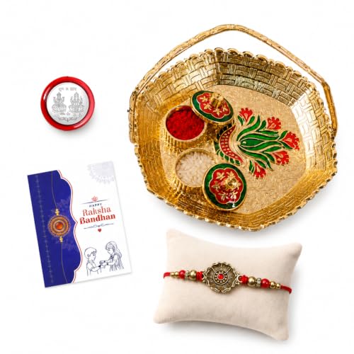 Image of Oblivion Flower Multicolor Rakhi for Brother & Bhaiya with Basket-Topli Pooja Thali - Raksha Bandhan Gift Set with Roli Tikka, Pooja Coin & Greeting Card | Rakshabandhan Combo for Sibling, Pack of 5