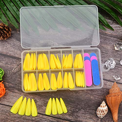 100Pcs Solid Color Glossy Stiletto Fake Nails Full Cover Acrylic Almond Fake Nail Extra Long Drop Shape False Gel Nails Art Tips With 5 Mini Nail File for Nail Art Salon DIY Decoration (Yellow)