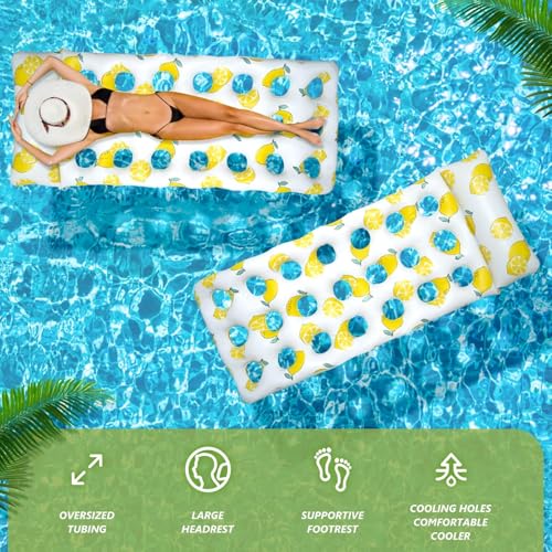 Image of Inflatable Lounger for Adults & Kids, Stylish Citrus Design with Cooling Hole, Floating Air Mattress for Swimming Pool, Beach & Summer Relaxation, Yellow