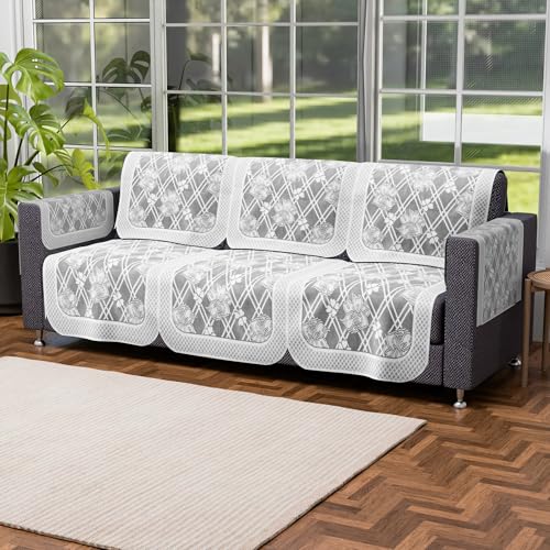 Image of Kuber Industries 5 Seater with Arms Anti Slip Sofa Covers for Home | Decorative Sofa Set Cover for Living Room | Protective Sofa Sheet & Sofa Seat Cover from Spill & Shot | Cross Flower Net - Grey