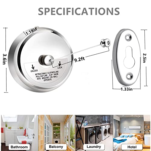 Image of Retractable Clothesline, JIMSUMM 304 Stainless Steel Shower Clothesline, 9.2ft Adjustable Laundry String Line for Indoor and Outdoor, Retractable Family Clothesline for Great Addition to Any Home