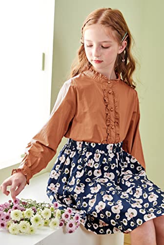 Image of SOLOCOTE Girls White Blouse Ruffle Long Sleeve Button Down Shirts Princess Cotton Loose Soft Tops Spring and Summer, 190903 11-12 Brown