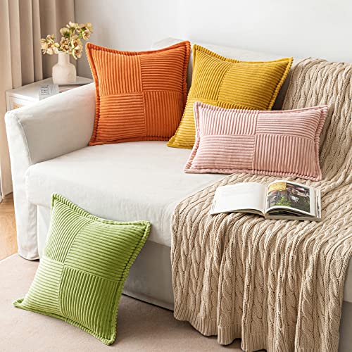 Image of MIULEE Spring Decorative Throw Pillow Covers for Couch Bed Livingroom 18x18 Inch Set of 2 Green Boho Accent Throw Pllows Broadside Striped Patchwork Soft Corduroy Summer Pillowcases