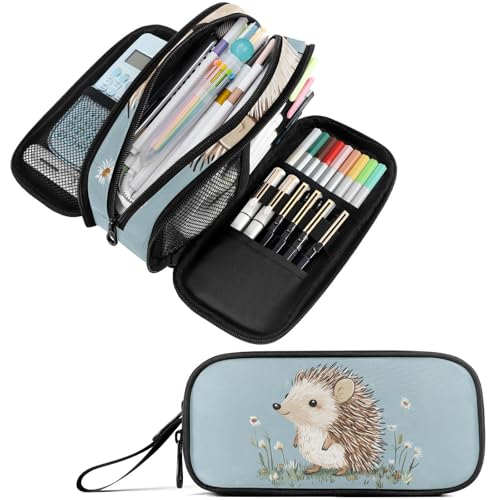 Image of Fustylead Cute Hedgehog and Daisy Pen Pencil Case Makeup Pouch Big Capacity Multi-Purpose Travel Bag Office Organizer with Zipper
