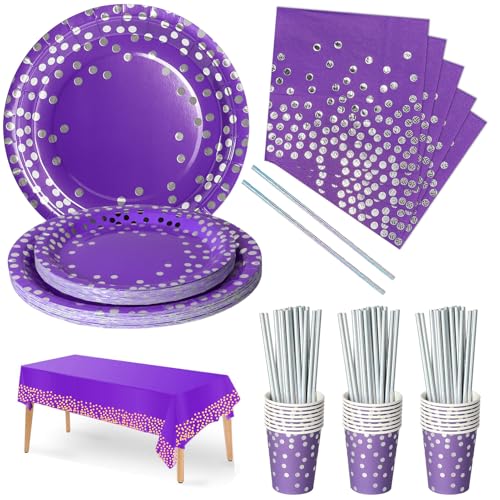 Nkaiso 126 Pezzi Viola e Argento Stoviglie per Feste, Festa Decorazioni Set Include Piatti di Carta Tovaglioli Tazze di Carta Cannucce Tovaglia,per Nuziale Matrimonio,Compleanno -25 Ospiti
