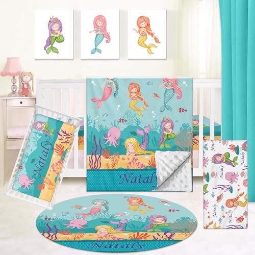 Kotagi Personalized Baby Crib Bedding Set - 5 Piece Custom Name Baby Crib Sets with Mermaid Pattern for Toddlers Infants, Soft Nursery Bedding Set for Boys Girls, Customized Gift for Newborns