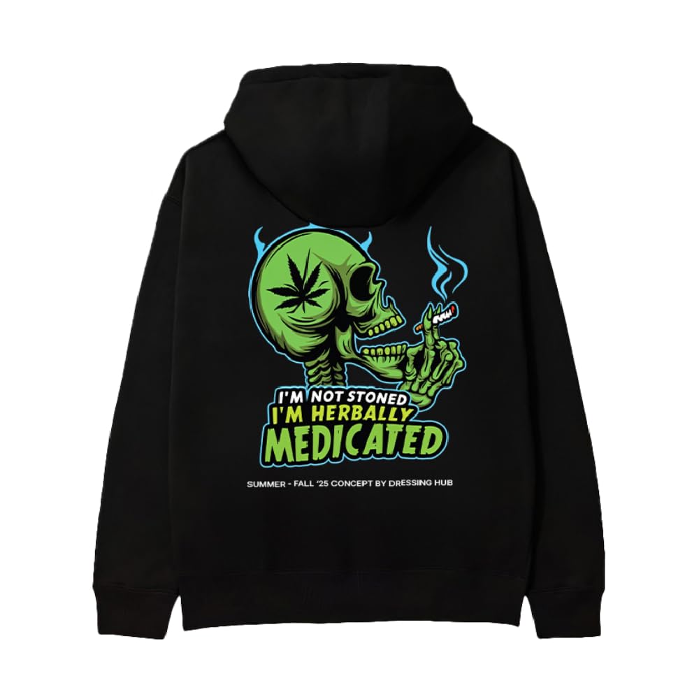 Medicated Skull Graphic Hoodie for Men Black-image-35