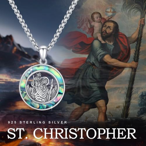 Cuoka St Christopher Necklace Sterling Silver Abalone Saint Christopher Pendant Necklaces St.Christopher Medal Religious Protection Protect Us Holy Amulets Jewelry Gifts for Men Father4