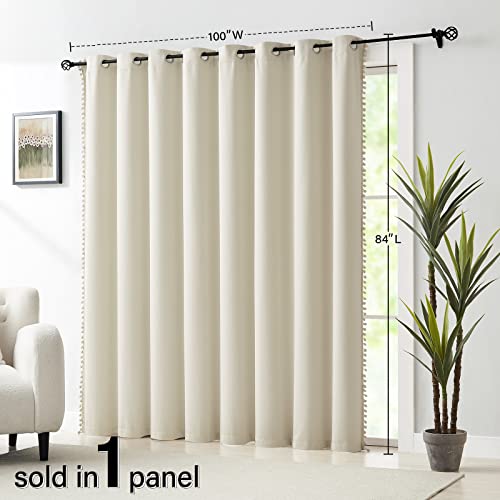 Image of Treatmentex Pom Pom Sliding Door Blackout Curtains Ivory 100 inchx 84 inch Extra Wide Patio Door Curtain Panels with Pom Poms Room Darkening Curtains Thermal Insulated Curtains 1 Panel, Natural