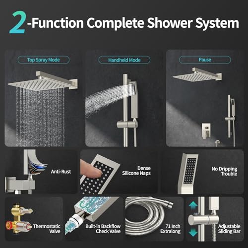 Image of SR SUN RISE 12 Inch Square Shower System with Slide Bar,Brushed Nickel