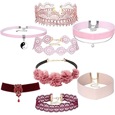 Tpocean 8pcs Pink Tattoo Lace Velvet Flower Chokers Necklace with Charms for Party Wedding Punk Jewelry Set Cover