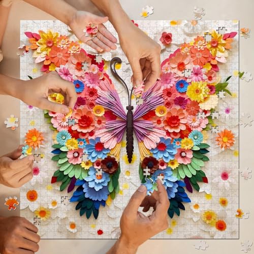 Image of iDream 1000 Pieces Jigsaw Puzzle - Artistic 3D Design, Colorful Wall Decor, Challenging Puzzle Gift for Friends & Family (Flower Butterfly)