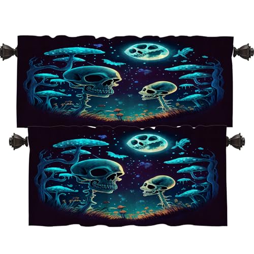 Shrahala Happy Halloween Funny Blackout Short Curtains for Windows, Skeletons Grass Mushrooms Starry Sky Kitchen Valance Thermal Insulated Rod Pocket Window Treatment for Bathroom 2 Pack 52 X 16 in