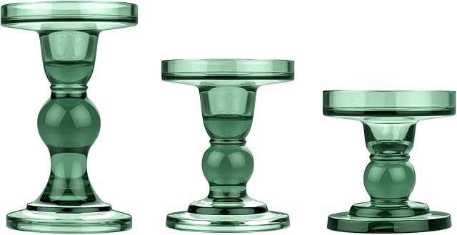 Lewondr Glass Candle Holders, 3 Pieces Crystal Clear Candlesticks With Elegant Design for Pillar Taper Candle and Tea light, Home Table Living Room Wedding Party Decorations Home Décor - Green