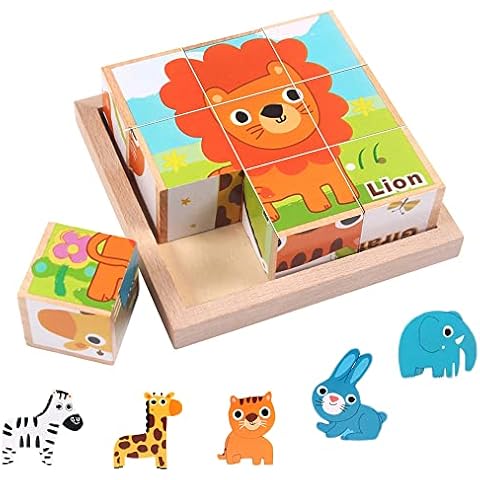 Wooden Jigsaw Puzzles Toy for Toddlers, 6 in 1 Animal Puzzle Preschool Educational Montessori Toy Learning Games 3D Wood Animal Cube Block with Storage Tray for 3 4 5+ Years Boy Girl Toddler Kids Cover