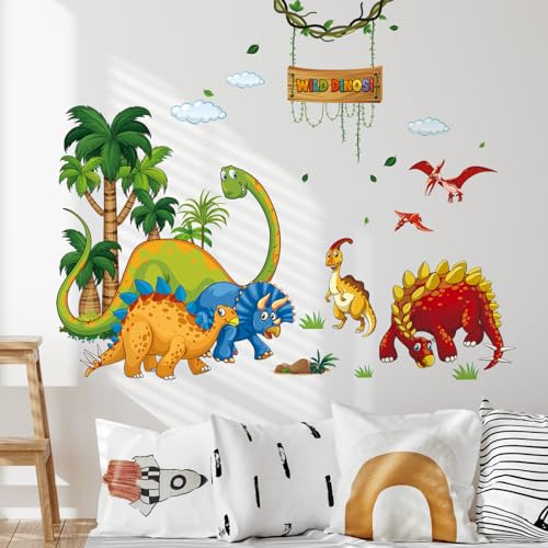 Tanlaby Dinosaur Wall Stickers Cartoon Dino Wall Decal Wild Tree Dino Wall Art Sticker for Boy's Room Kids Baby Nursery Bedroom Playroom Living Room Wall Decor