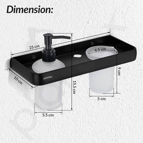 Image of Plantex Self Adhesive Aluminium Liquid Soap Dispenser with Tumbler Holder for Bathroom /2 in 1 Shampoo Dispenser with Toothpaste Holder /Bathroom Accessories - Pack of 1 (1505, Black)