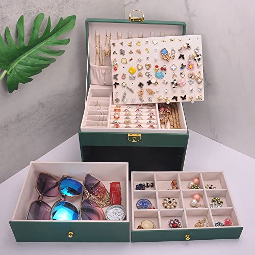 Gyjoyero Jewelry Box Women Girls Earrings Holder Necklace Hooks Pvc Leather Jewelry Organizer Rings Storage Case Lockable Ear Stud Card Sunglasses Watches Drawers Gy307 (Green) #TOP1