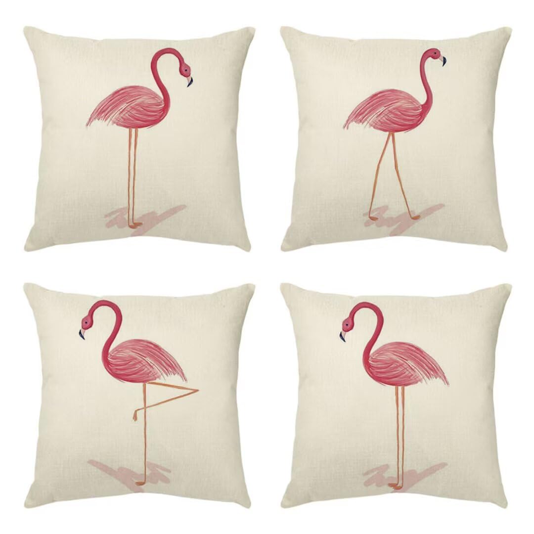 Federa Per Cuscino 40x40 Cm Con Stampa Di Fenicotteri, In Lino Ecologico, Per Divano E Letto