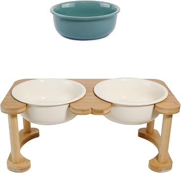 Elevated Ceramic Double Dog Bowl Set White Cream & Single Replacement Dog BowlDark Green