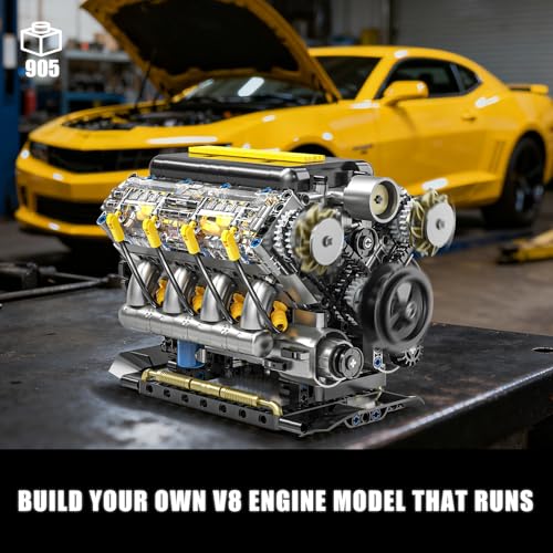 Image of V8 Engine Model Kit that Runs, Visible Mini Car Motor Building Blocks Set for Adults, Compatible with Lego, STEM Physical Science Educational Toy for Teens Boys 14+ (905 PCS)