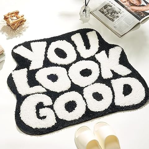 DyeFury Bath Mat - You Look Good, Cool Black and White Bathroom Rug, Non Slip, 27.5 x 20 inch Cover