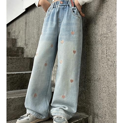 Baggy Jeans for Girls Embroidered Hearts Adjustable Waist Wide Leg Pants Y2K Cute Jeans for Girls Distressed Light Washed4
