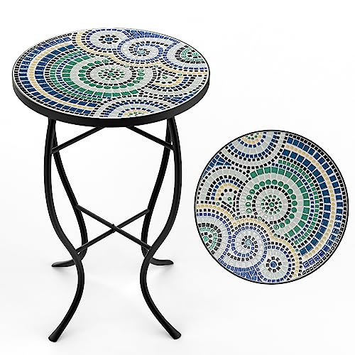 Mosaic Outdoor Side Table, Patio Side Table, Weather Resistant 14" Diameter 21" H Ceramic Tile Round Outside Table for Patio, Porch, Garden, Pool, Indoor&Outdoor,Plant Stand (Vortex)