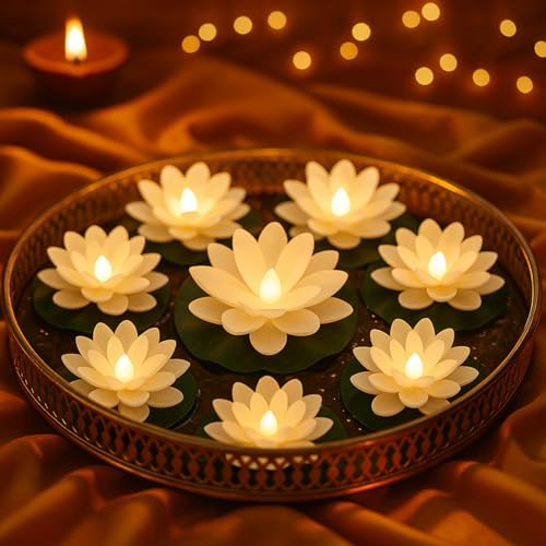 Hortsun 12 Pcs Lotus Flowers with Batteries, Floating Flowers with Lily Pads, Artificial Pond Ornaments Diwali Decorations Pooja Floating Candles Decors for Home Pool Outdoor(3.94/5.91 Inch,White)