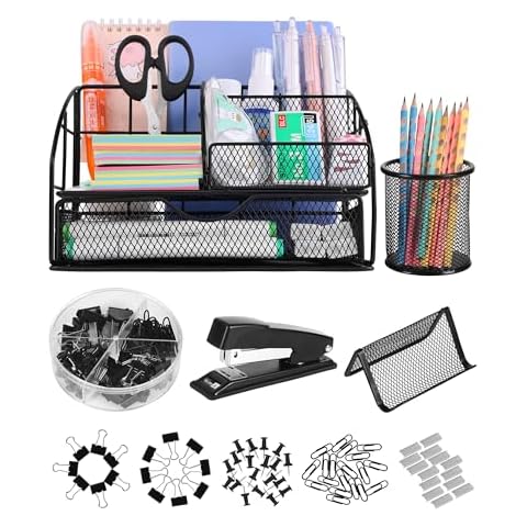 AOFUXTI Office Supplies Desk Organizer - Desk Organizers and Accessories, Office Supplies Set with Pen Holder, Stapler and 72 Clips Set for Office, Home, School, Black Cover