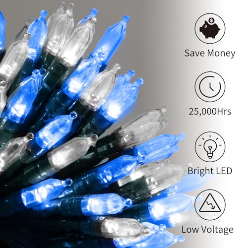 Image of Brightown Battery Operated Christmas Lights 2 Pack 18 Feet 50 LED Clear Mini String Lights with 8 Modes Waterproof Tree Lights for Xmas Outdoor Indoor Holiday Party Garden Decor, Blue & White