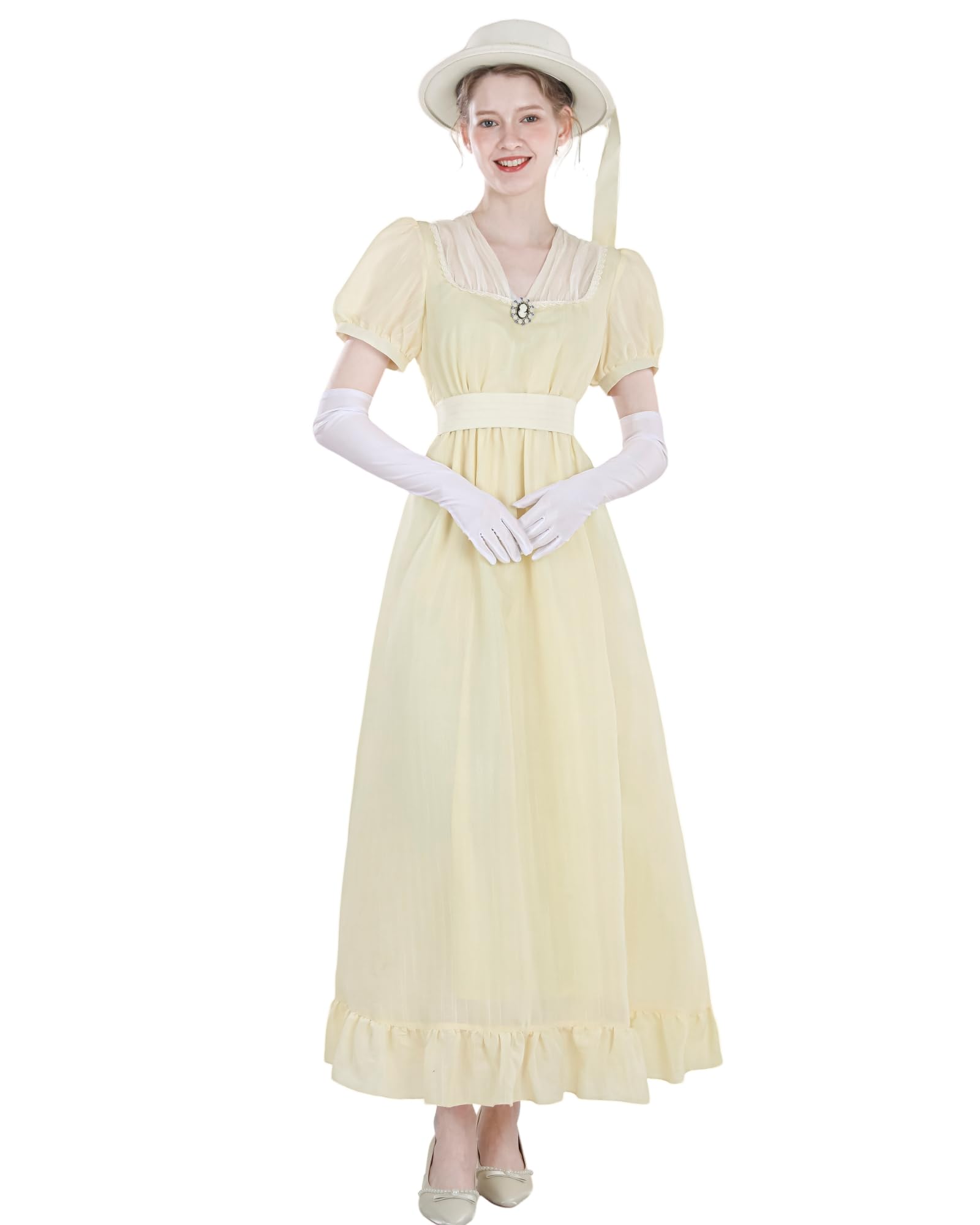 Regency - Vestido de verano para mujer, estilo imperio, con cinturón y broche en el pecho, para cosplay, con guantes