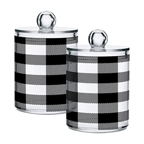 xigua 2 Pack Qtip Holder Dispenser White Black Buffalo Plaid 10 Oz Bathroom Organizer with Lids Storage Canister for Cotton Ball,Cotton Swab,Cotton Round Pads,Floss
