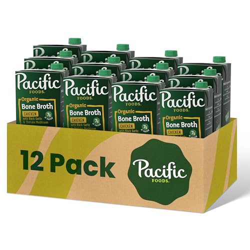 Pacific Foods Organic Chicken Bone Broth with Black Garlic &amp; Shiitake Mushroom, 7g Protein, Keto Friendly, USDA Certified Organic, Gluten Free &amp; Non-GMO, 32 Ounce (Pack of 12)