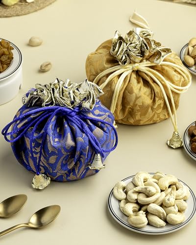 Image of Hyperfoods Rakhi Hamper for Brother Rawfruit's Handcrafted Potli Blue with Thali Roli & Rice Dry Fruits Pack of 4 Almond Cashew Raisins Pistachios 495 Gr Rakhi with DryFruits