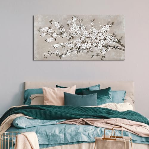 Image of VEAEE White Blossom Branches Wall Art, Floral Canvas Prints, Living Room Decor Abstract Flowers Painting Canvas Pictues, Contemporary Artwork Bedroom Office Kitchen Wall Decor Ready to Hang 24 inchx48 inch