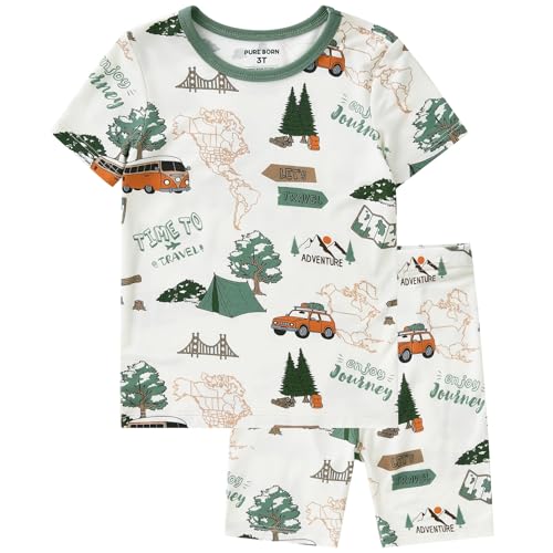 pureborn Kids Viscose From Bamboo Pajamas Set Pjs - Little Boy Short Sleeve Snug Fit Soft Sleepwear 2pcs Outdoor Exploration 6-7 Years