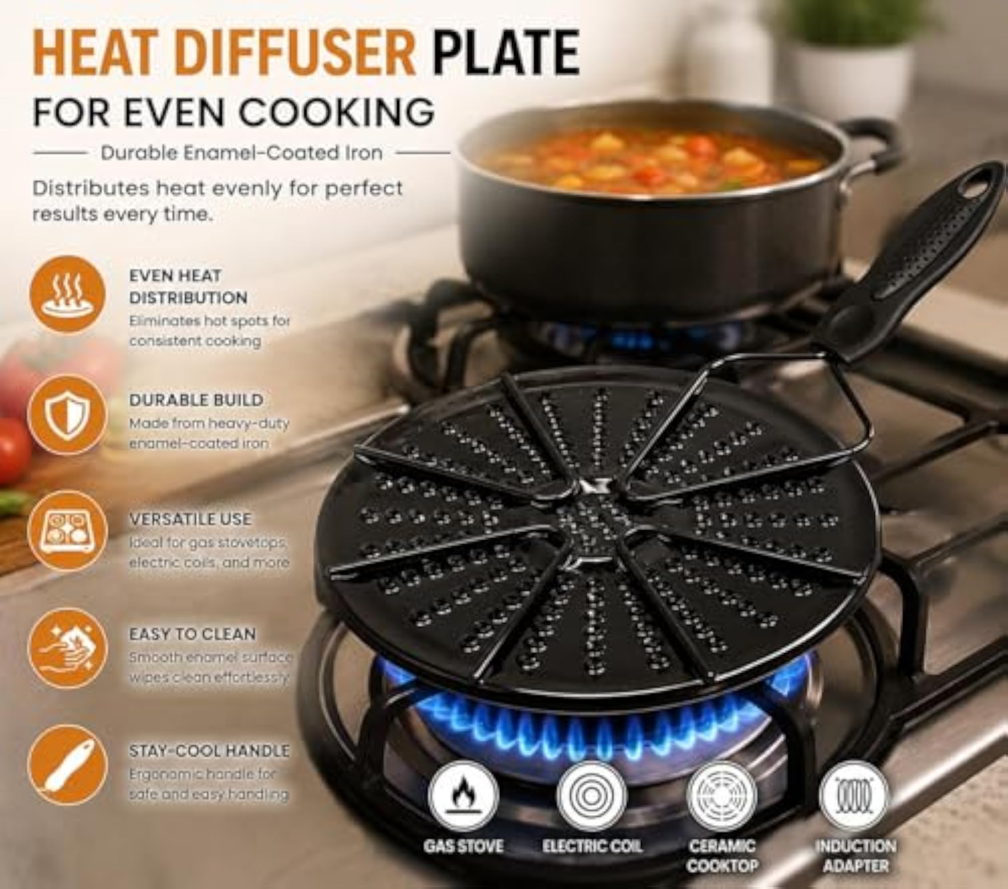 Heat Diffuser Plate for Even Cooking, Enamel Coated Iron