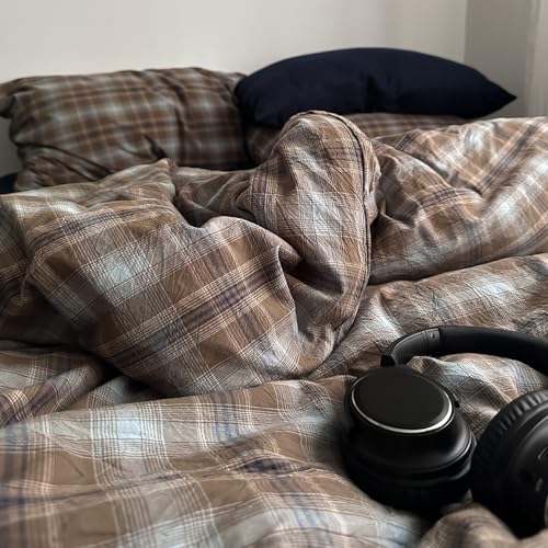 Image of VM VOUGEMARKET Retro Preppy Brown & Blue Gingham Bedding Set Washed Cotton Duvet Cover King Size,Casual Soft Breathable Plaid Tartan Bedding for All Aesthetic Bedrooms
