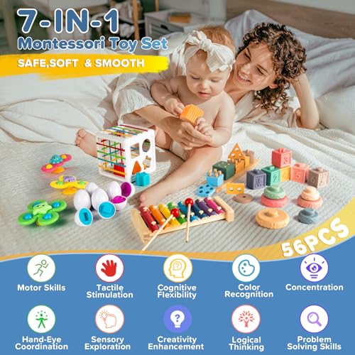 Image of Somastung 7‑in‑1 Montessori Baby Toys for 6‑12 Months & 1+ Years, Infant Sensory Teething & Stacking Blocks | Wooden Shape Sorter, Xylophone Musical Toy, Birthday Gift for Toddlers 1‑3