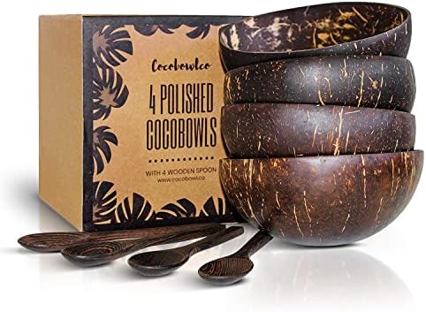 COCOBOWLCO Coconut Bowl & Wooden Spoons Bowl Set - Coconut Bowls, Eco Friendly Kitchen Decor, Acai Bowls, Smoothie Bowls - Birthday Gifts for Women (4, Polished)
