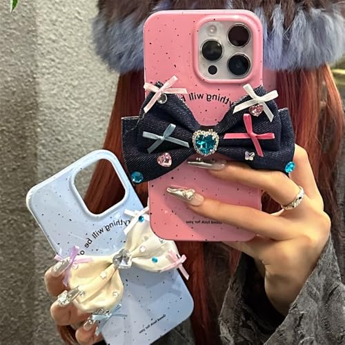Coque en jean iPhone 14 Pro Max antichoc avec nœud en strass