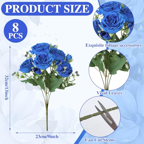 Image of 8 Pack Royal Blue Peonies Artificial Flowers, Faux Floral Fake Silk Hydrangea Bouquet for Bridal Wedding Home Table Decor Reusable Dining Opening Ceremony Birthday Arrangement