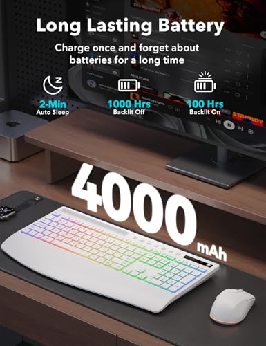 Image of Trueque Wireless Keyboard and Mouse Combo, 4000mAh Rechargeable Backlit Keyboard with Wrist Rest & Phone Holder, Full Size Quiet Typing 2.4G USB-A /Type-C for PC Laptop Windows Mac (White)